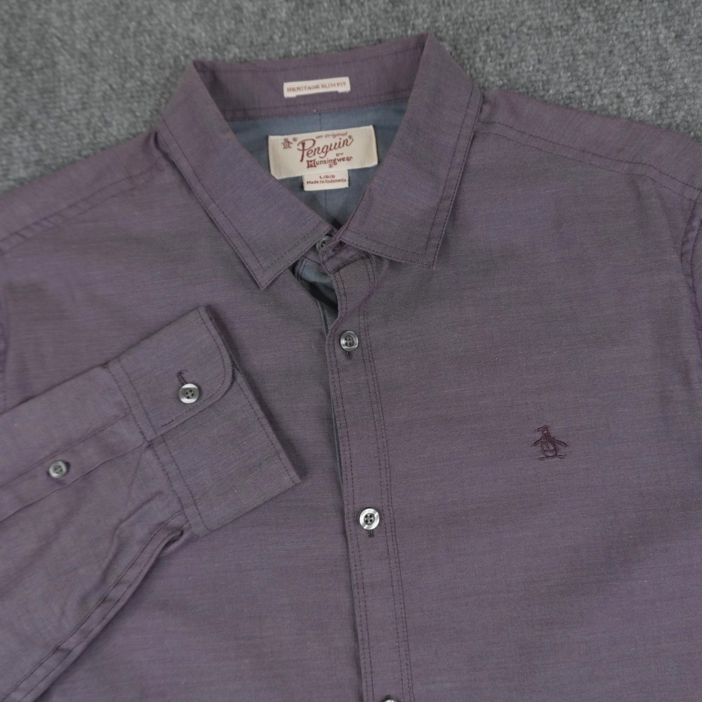 Original Penguin Button Up Shirt Mens Large Purple Heritage Slim Fit Long Sleeve